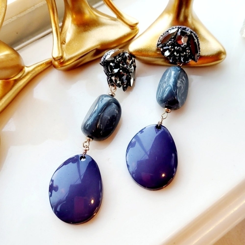 MARCASITE MARBLED ACRYLIC OVERSIZE BEADED RETRO DROP EARRINGS